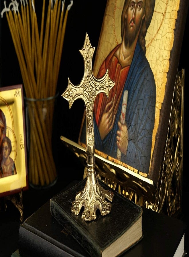 BlessedMart Ornate Brass Standing Cross - Table Altar Blessing Crucifix, Church Liturgical, Home Altar, Prayer Corner, Height 5.11 inch - Image 4